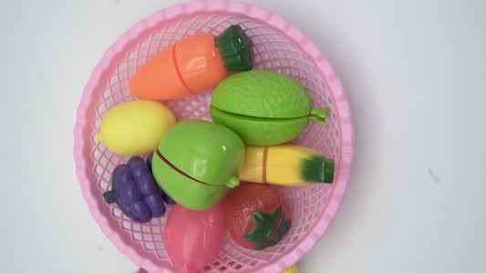 Realistic Plastic Fruit & Vegetable Cutting Play Toy Set with Basket