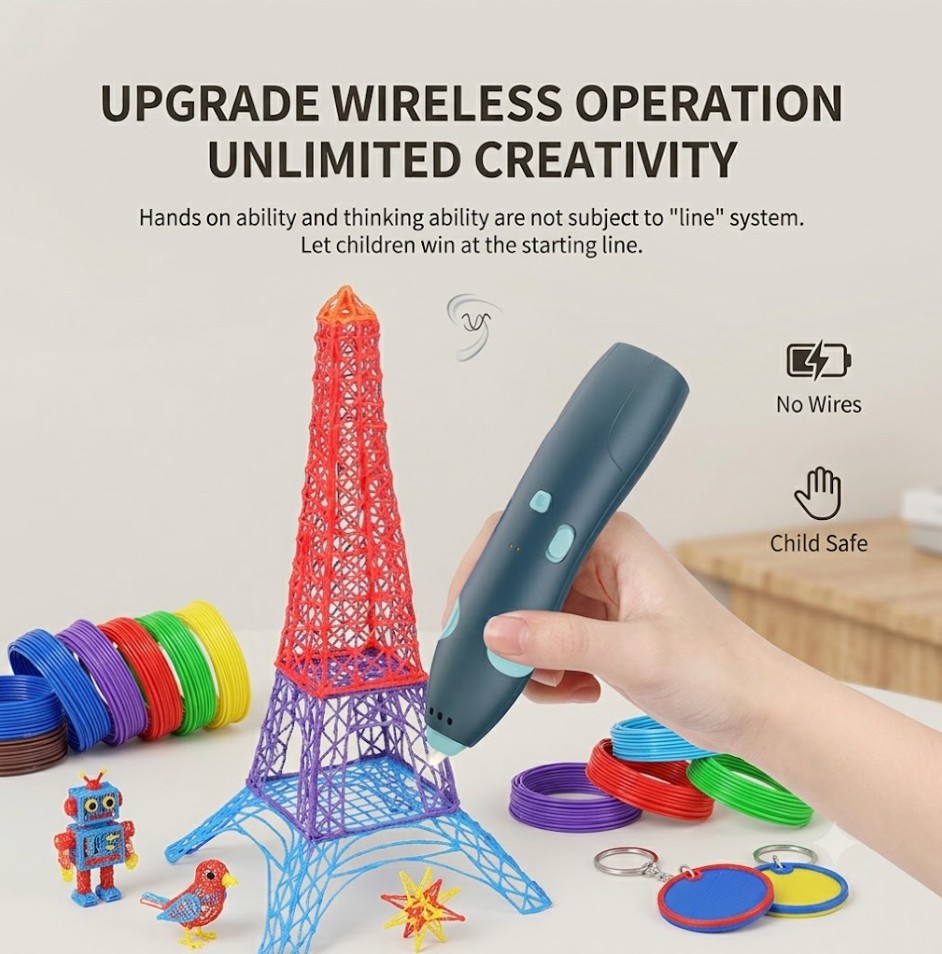 Wireless 3D pen creating a colourful Eiffel Tower